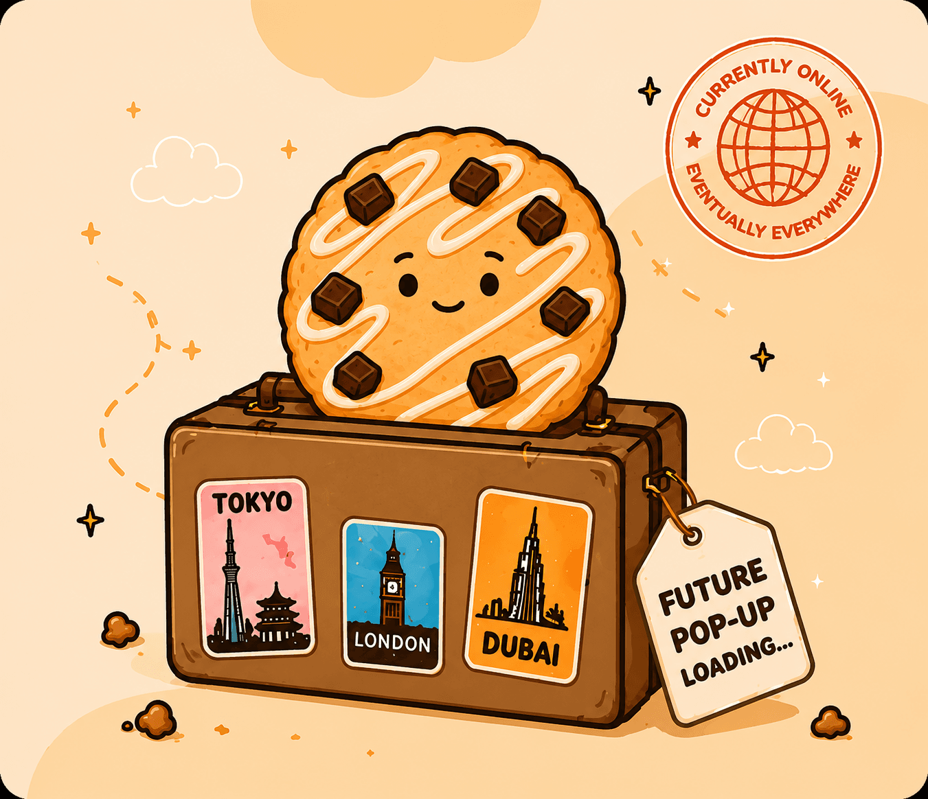 A Kooky cookie sitting on a vintage suitcase covered in Tokyo, London, and Dubai stickers.